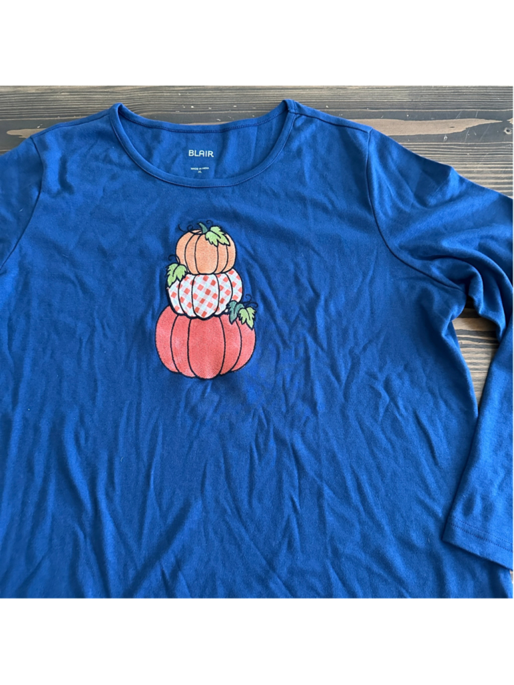 Blair Pumpkin Shirt Womens XL Blue Embroidered Fall Long Sleeve Tee